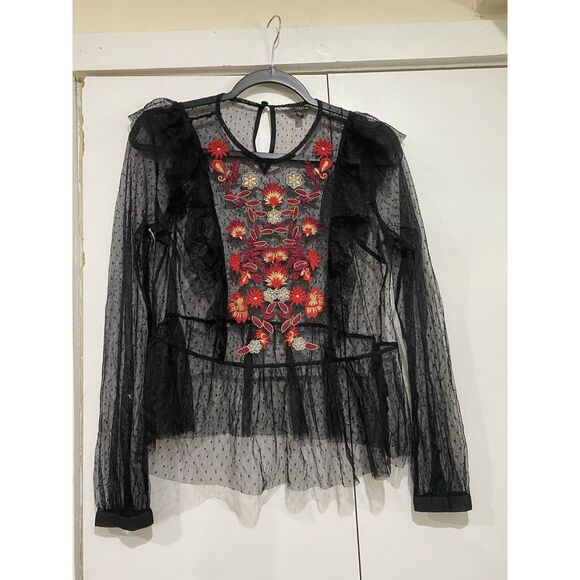 GUESS Sheer Mesh Blouse Small Black Polka Dot Embroidery Front Peplum Hem Gothic - Picture 3 of 9